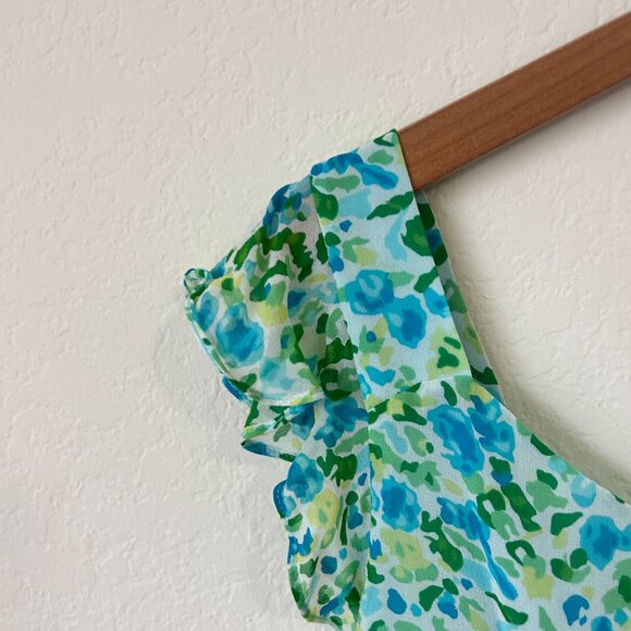 Ann Taylor Top Womens 14 Blue Green Floral Ruffle Sleeveless Silk Career Tank - Picture 5 of 9